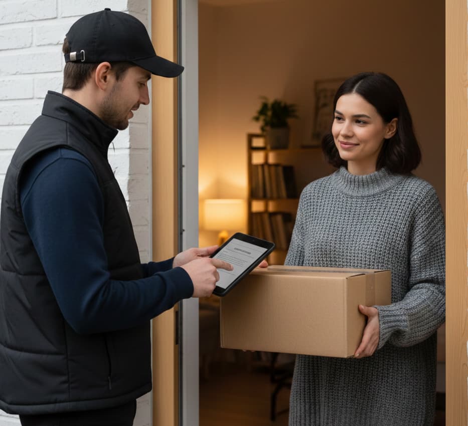 Erfolgreiche Paketzustellung an der Haustür: Kurier übergibt Sendung an Kundin und nutzt ein Tablet für die digitale Empfangsbestätigung.